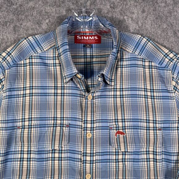 Simms Shirt Mens Size Large Blue Plaid Long Roll Tab Sleeve Fishing Outdoor - Picture 1 of 16